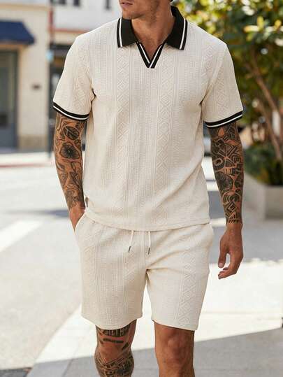 Manfinity CasualCool Men's Textured Short Sleeve Top And Shorts, INS Best-Selling Summer 2pcs Set,Men Old Money,Daily Leisure, Weekend Trips, Outdoor Activities, Travel Expeditions, Relaxed Work Environments Or Semi-Formal Occasions, Boyfriend/Husband Gift, Anniversary /Birthday Gift Party Summer Vacation Holiday,Wedding,Spring To Summer,Easter,Men's Cream Textured Polo Shirt And Shorts Set Casual Summer Outfit,Men Two Pieces Casual Short Sets,Men Summer Sweatsuit,Cream Outfit Men,Europe Summer Outfits For Men Set,Men's Cream Summer Set