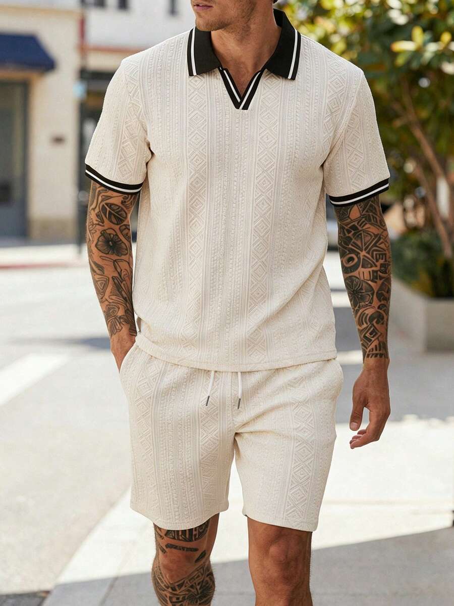 Manfinity CasualCool 男士纹理短袖上衣和短裤套装，INS 夏季畅销两件套，男士复古风，日常休闲，周末旅行，户外活动，探险旅行，轻松工作环境或半正式场合，男友/老公礼物，周年纪念/生日礼物，派对，夏季假期，婚礼，春夏，复活节，男士奶油色纹理 Polo 衫和短裤套装，休闲夏季服装，男士两件套休闲短裤套装，男士夏季运动服，奶油色男士套装，欧洲男士夏季套装，男士奶油色夏季套装 - 杏色 - 查看 1