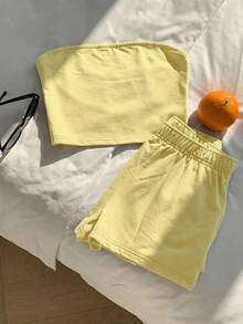 Comfortcana Bộ đồ nữ màu vàng mù tạt trơn, gồm áo và quần short, thích hợp cho mùa xuân/hè. - Màu vàng ngỗng - Xem 6