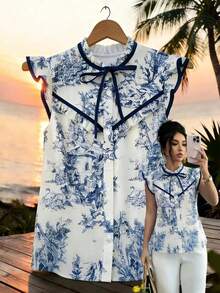 GlowEve Áo kiểu nữ màu xanh trắng in họa tiết sóng, thiết kế cao cấp với cổ áo xếp ly, tay phồng và hàng cúc xếp ly phía trước, thanh lịch và tinh tế, thích hợp làm quà tặng Ngày Valentine, Lễ Phục Sinh, Ngày động, sinh nhật, hẹn hò, dự tiệc, các dịp trang trọng, trang phục giáo viên, du lịch, mùa xuân/hè. - Xanh và trắng - Xem 4