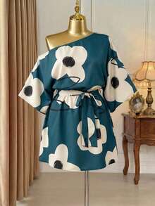 Rometta Flower Printed Asymmetric Collar Plus Size Casual Vacation Dress - Multicolor - View 5
