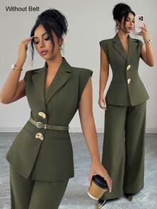 Elenzga Conjunto de traje de pantalón elegante verde oliva para mujer, blazer sin mangas con hebilla de metal & pantalones de pierna recta de cintura alta para oficina, ropa de trabajo estilo francés de otoño - Verde militar - Ver 1