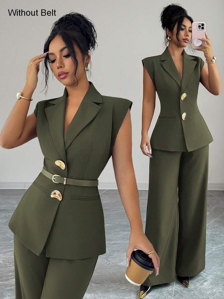 Elenzga Conjunto de traje de pantalón elegante verde oliva para mujer, blazer sin mangas con hebilla de metal & pantalones de pierna recta de cintura alta para oficina, ropa de trabajo estilo francés de otoño - Verde militar - Ver 1