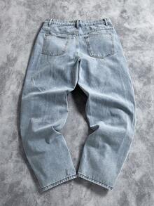 Manfinity ZONE917 Loose Fit Men's Straight Leg Jeans With Slant Pockets Baggy Oversize Long Washed Skater Jean Cargo Plain Light Blue Going Out Y2K Friends Work Going Out Urban Vacation - Light Wash - View 3