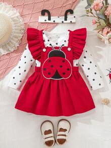 SHEIN Playful Pals Bộ đồ 2 món dễ thương cho bé gái, gồm áo liền quần và váy in hình côn trùng cùng băng đô, thích hợp cho mùa xuân/thu. - Đỏ - Xem 1