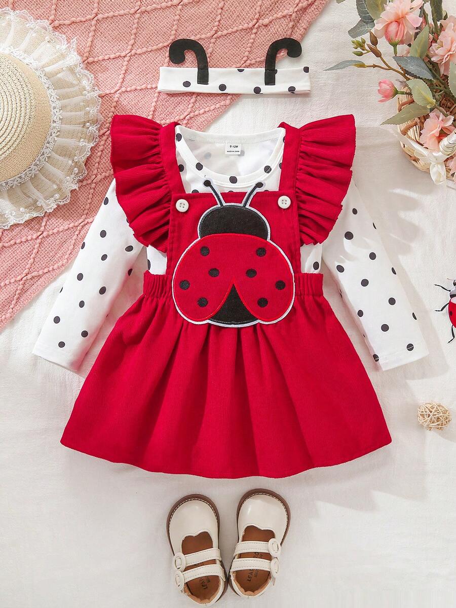 SHEIN Playful Pals Bộ đồ 2 món dễ thương cho bé gái, gồm áo liền quần và váy in hình côn trùng cùng băng đô, thích hợp cho mùa xuân/thu. - Đỏ - Xem 1