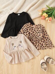 SHEIN paquete de 3 blusas de manga larga con cuello redondo, bajo con volantes, bordado de gato, estampado leopardo y unicolor, de tela cómoda de punto acanalado, para niñas bebé, adecuado para primavera y otoño, uso diario y exterior - Multicolor - Ver 2