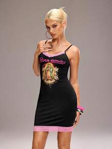 Y2Kool Maria Clara Maia Đầm hai dây ngắn ren tương phản in chữ và thánh dành cho nữ - màu đen - Xem 1