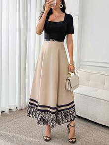 Miaspire 女士时尚休闲撞色方领短袖连衣裙 - 彩色 - 查看 6