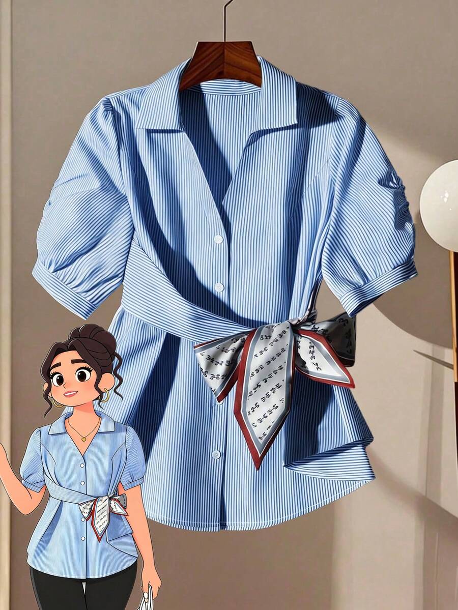 GlowEve CURVE 大码女式蝴蝶结领短袖纽扣宽松A字系带腰身休闲优雅条纹衬衫 - 藍色 - 查看 1