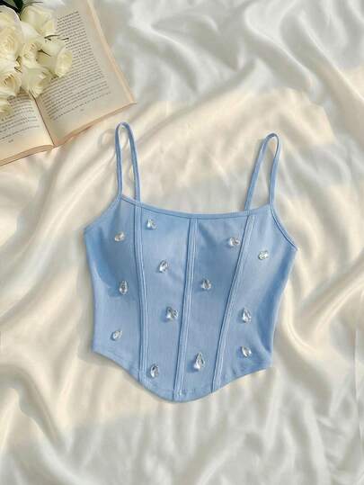 SHEIN MOD Débardeur ajusté à ourlet asymétrique avec décoration de strass, couleur unie, style décontracté et minimaliste pour femmes, idéal pour les déplacements en été