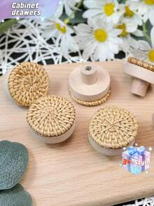 1-3pcs Rattan Drawer Knobs, 1.57inch/40mm Boho Dresser Knobs, Handmade Wood Cabinets Knobs Handles Hardware Woven Wicker Drawer Knobs With Screws For Kitchen Cabinets Dresser Pulls Furniture - Yellow - View 7