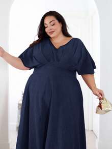 Pretty and Ole Plus Size Summer Simple Elegant Cinched Waist Batwing Sleeve Dress - Navy Blue - View 5