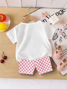 SHEIN 2件套少女休闲可爱草莓水果印花短袖T恤和格子印花短裤套装，夏季服装 - 彩色 - 查看 2