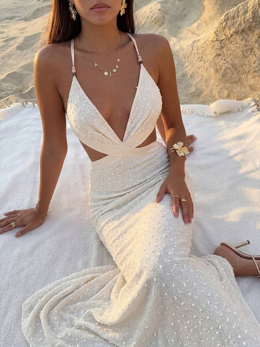 Firerie Đầm nữ màu trắng, chất liệu jacquard, đính cườm, thắt dây, hở lưng, xẻ tà, ôm sát, gợi cảm, thích hợp cho kỳ nghỉ, trang phục xuân/hè, đi biển, đi làm, thanh lịch, gợi cảm, đi nghỉ mát, bãi biển, phong cách boho, Hawaii, lễ hội âm nhạc, lãng mạn, hẹn hò - Màu be - Xem 1