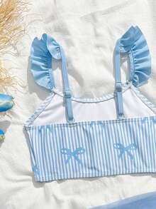 Young Girls 3-Piece Bikini Sets,Cute Blue Vertical Striped Bow Ruffle Mesh Skirt,Summer Beach Holiday Swimming Bathing Suits Toddler Outfits Swimwear - Blue - View 4
