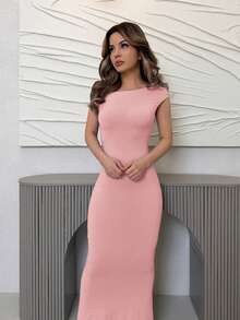 Jemour 夏季服装、日常约会和旅行装、派对装、优雅女士内衣、外出装、斜肩不对称加长鱼尾裙、俱乐部女士装、约会装、宴会礼服 - 粉色 - 查看 6