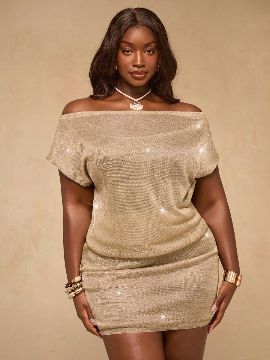 SHEIN BAE Robe courte à l'épaule dénudée scintillante dorée pour femmes grandes tailles, Robe mini à l'épaule dénudée scintillante dorée à manches courtes moulante pour soirée et sortie en boîte de nuit, Robe mini à l'épaule dénudée scintillante dorée à manches courtes étincelante pour femmes pour soirée - Doré - Voir 1