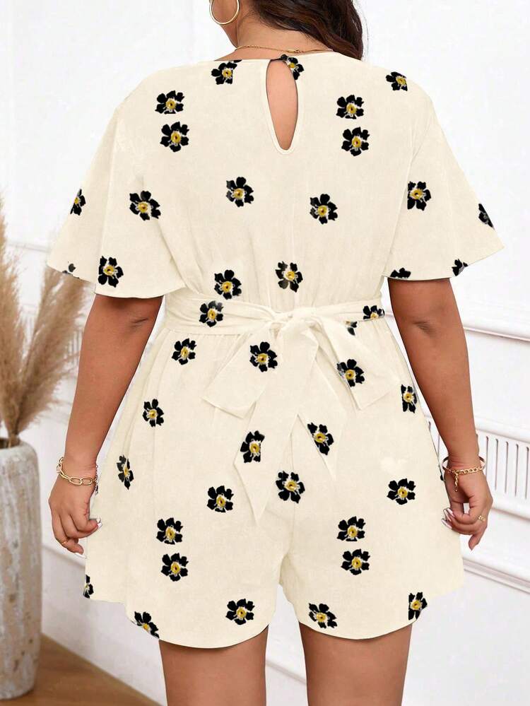 EMERY ROSE Plus Size Women's Floral Print V-Neck Drawstring Waist A-Line Short Sleeve Casual Elegant Shorts, Spring/Summer - Apricot - View 2