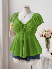 Sweetra Áo thun nữ cỡ lớn cổ vuông tay bồng dây rút eo nơ dáng chữ A chất liệu vải dệt họa tiết cổ điển thanh lịch dễ thương thoải mái mặc ở nhà - Limelight Green - Xem 3