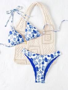 Swim Mod Bộ 2 món đồ bơi mùa hè in họa tiết ngẫu nhiên vỏ sò vàng, áo bikini buộc dây cổ và quần bơi cạp cao, đồ bơi gợi cảm, đồ bơi dễ thương cho nữ, bộ đồ bơi nữ, quần áo Ytk, đồ bơi Zestiva, trang phục nghỉ lễ Zante, đồ bơi định hình dáng gợi cảm, đồ bơi đi biển, tắm nắng, du lịch trên tàu biển, bộ bikini đồ bơi. - Nhiều màu - Xem 5