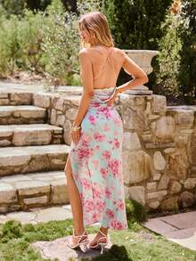 KARISMINA Spring & Summer Vacation Woven Printed Lace Splice Draped Neck Slit Strap Dress For Women - Pink - View 2