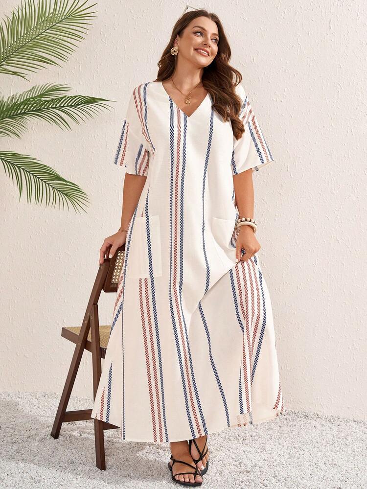 Plus Size Women's Summer Casual Vacation Country Striped Loose V-Neck Short Sleeve Dress With Pockets,Summer Outfits For Women ,Vacation Outfits Women ,Holiday Outfits For Women,Going Out Outfits,2026 New Clothes,Simple And Fashionable For Everyday Wear,Suitable For Summer, Vacation, Daily Wear, Festival Outfits For Women,Country Concert Outfit,Beach Outfits For Women,Western Style,Flowy Dress