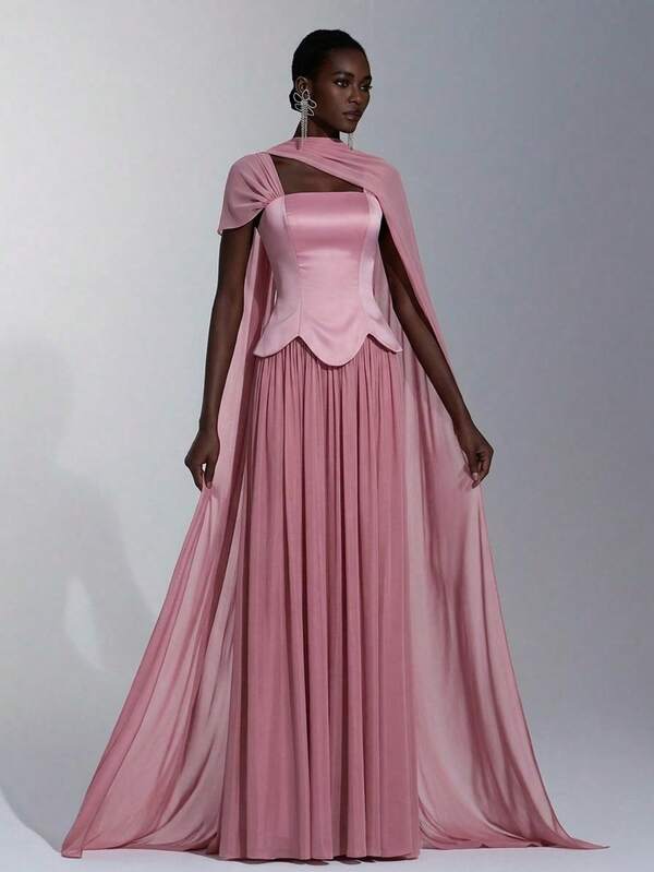 Elitara Elegant minimalistisk topp med bara axlar, glansig satin, asymmetrisk midja, överdimensionerad chiffongklänning (avtagbar grimma ingår), lämplig för bröllop, formella evenemang, brudtärneklänning