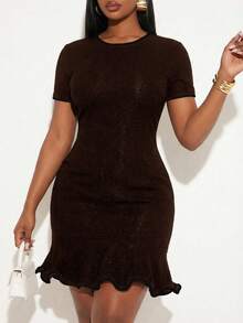 SHEIN SXY Plus Size Solid Color Minimalist Daily Wear Round Neck Short Sleeve Dress - Brown - View 7
