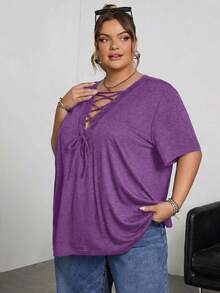 SHEIN CURVE+ 大码女式纯色系带褶皱休闲百搭日常T恤 - 紫色 - 查看 4