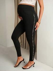 MaterniChic Beaded Maternity Solid Color Adjustable Waist Leggings Baby Shower Spring Elegant - Black - View 5