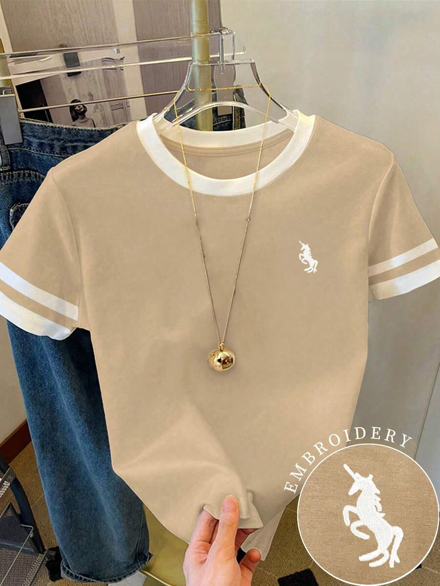 Resyla 女士T恤/独角兽图案印花/刺绣工艺/女士宽松休闲撞色圆领T恤上衣/时尚卫衣/春夏 - 杏色 - 查看 1