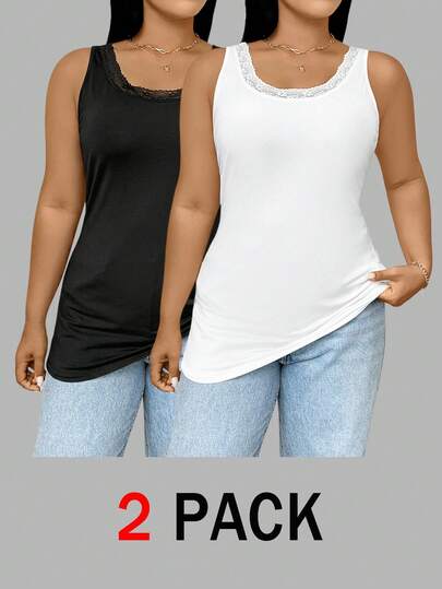 SHEIN Essnce Áo vest dài nữ cỡ lớn thời trang xuân/hè, chất liệu co giãn cao, thoải mái, cơ bản, đa năng, viền ren, màu đen trắng, bộ 2 chiếc, thích hợp mặc đi chơi, trang phục mùa hè, áo lót, áo ren.