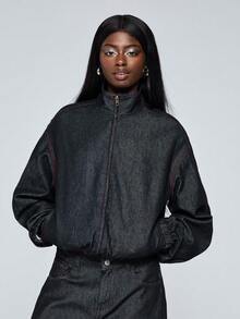 COUREZ 高领宽松牛仔夹克，撞色缝线设计 / Y2K 夏季女装 夏季女装 防风外套 女式夹克 音乐节服装 演唱会服装 春季女装 - 黑色 - 查看 1