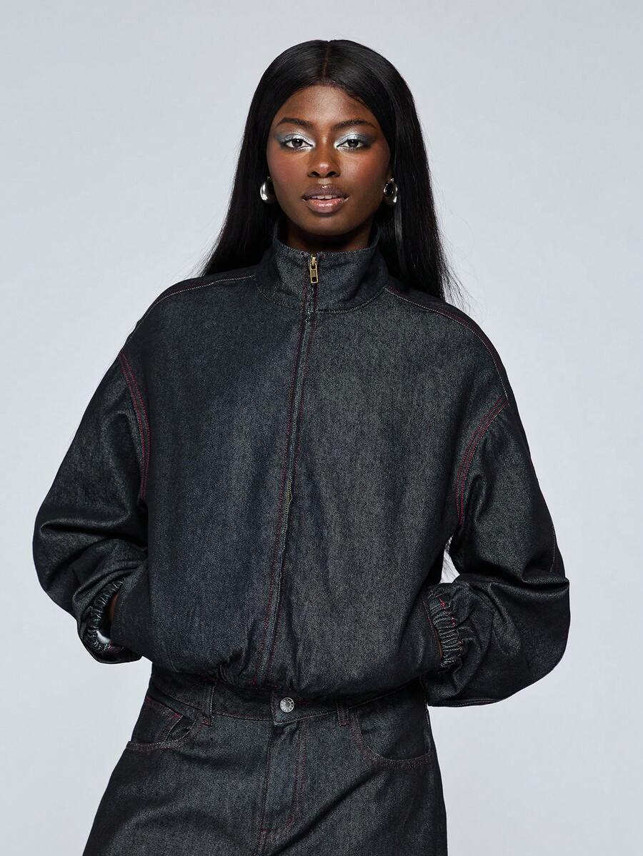 COUREZ 高领宽松牛仔夹克，撞色缝线设计 / Y2K 夏季女装 夏季女装 防风外套 女式夹克 音乐节服装 演唱会服装 春季女装 - 黑色 - 查看 1