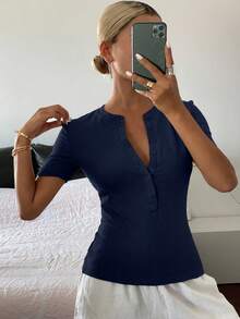 DAZY Women's Summer Fitted Regular-Shoulder Short Sleeve Casual T-Shirt - Navy Blue - View 5