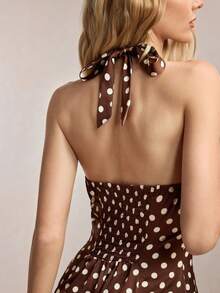 BizChic 新款春夏V领系带露背波点印花弹力腰A字连衣裙，优雅都市通勤之选 - 彩色 - 查看 3