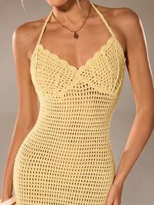 Avantive Đầm len cổ yếm màu trơn khoét lỗ dành cho nữ, thích hợp cho kỳ nghỉ hè. - Màu vàng ngỗng - Xem 3