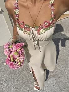 Serisse 女士休闲度假风贴花装饰开衩吊带连衣裙 - 杏色 - 查看 6