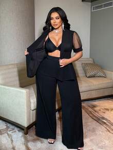 NU&NOW Conjunto plus size preto com blazer ajustado e calça pantalona, ideal para o trabalho ou deslocamento diário. - Preto - Ver 5