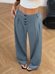 SHEIN Unity 女士纯色褶裥休闲百搭阔腿裤，适合日常穿着 - 淺色水洗藍 - 查看 6