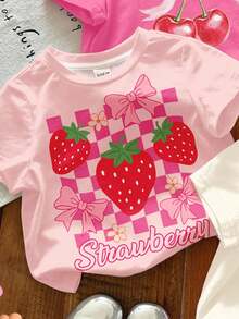 SHEIN LMoss Kids Set de 3 camisetas de manga corta y cuello redondo para niñas bebé, con estampados de frutas de verano, moños, cerezas, limones y fresas, en colores rosa, crema y blanco, ideales para primavera/verano, uso en casa, vacaciones y escuela - Multicolor - Ver 4