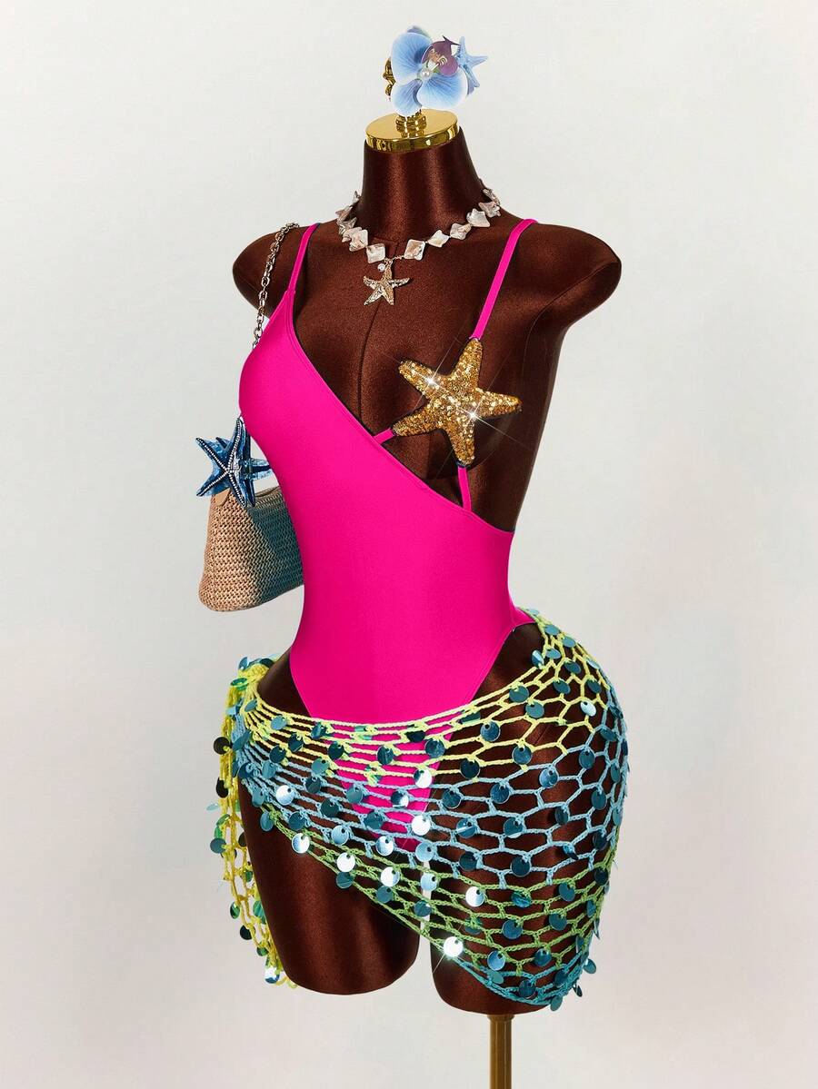 Amplova 女士海星胸罩拼接连体泳衣，性感前卫，适合海滩度假，蓝色纯色连体泳衣 - 玫紅色 - 查看 1
