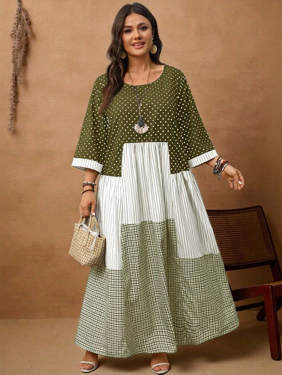 EMERY ROSE Plus Size Women's Casual Vacation Round Neck 3/4 Sleeve Polka Dot, Plaid & Striped Patchwork Long Dress, Summer/Vacation,Summer Holiday,Spring Break Outfits ,Vacation Outfits Women ,Holiday Outfits For Women,Going Out Outfits,2026 New Clothes,Simple And Fashionable For Everyday Wear,Suitable For Summer, Vacation, Daily Wear,Dresses For Women,Flowy Dress ,Beach Outfits For Women,Casual Vacation Boho Dress,Summer Dresses, Country Women's Summer Dresses,Casual Dresses For Women,Country Concert Outfit,Green Dress,Flowy Dress ,Beach Outfits For Women,Casual Vacation Boho Dress - Army Green - View 1