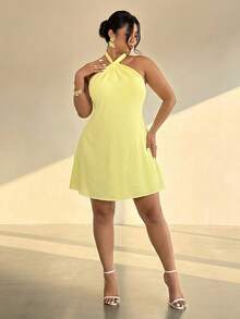 Firerie Robe d'été élégante de grande taille, couleur unie, style dos nu avec col montant - Jaune citron - Voir 4