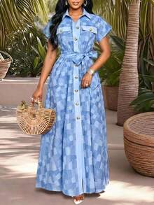 SHEIN Lady 女士格子打结褶皱腰身优雅束腰连衣裙，适合派对穿着 - 藍色 - 查看 8