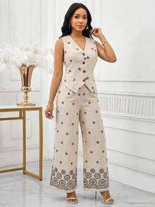 SHEIN Lady Bộ đồ công sở thanh lịch dành cho nữ, áo và quần ống rộng thêu hoa, thích hợp cho mùa hè. - Màu xanh nhạt - Xem 7