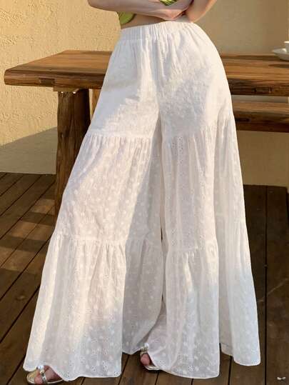 DAZY Women's Solid Color Casual Pants, White Loose Vacation Beach Straight Leg Trousers, Suitable For Spring And Summer