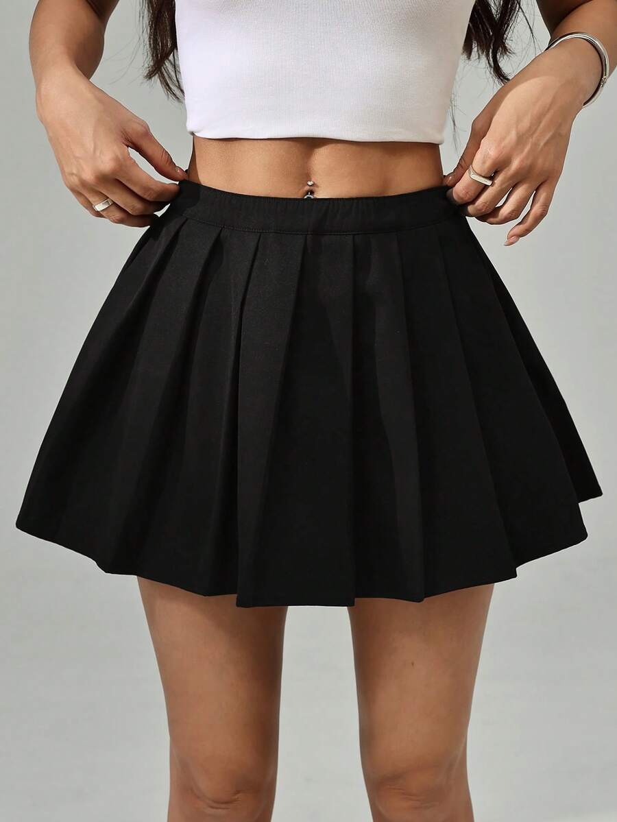 SHEIN PETITE Music Festival Sexy Club Style School Mini Pleated Skirt - Black - View 1