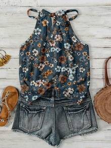 SHEIN LUNE Áo nữ không tay cổ yếm họa tiết hoa nhí, kiểu dáng thường ngày, thích hợp cho mùa xuân và mùa hè. - Nhiều màu - Xem 2